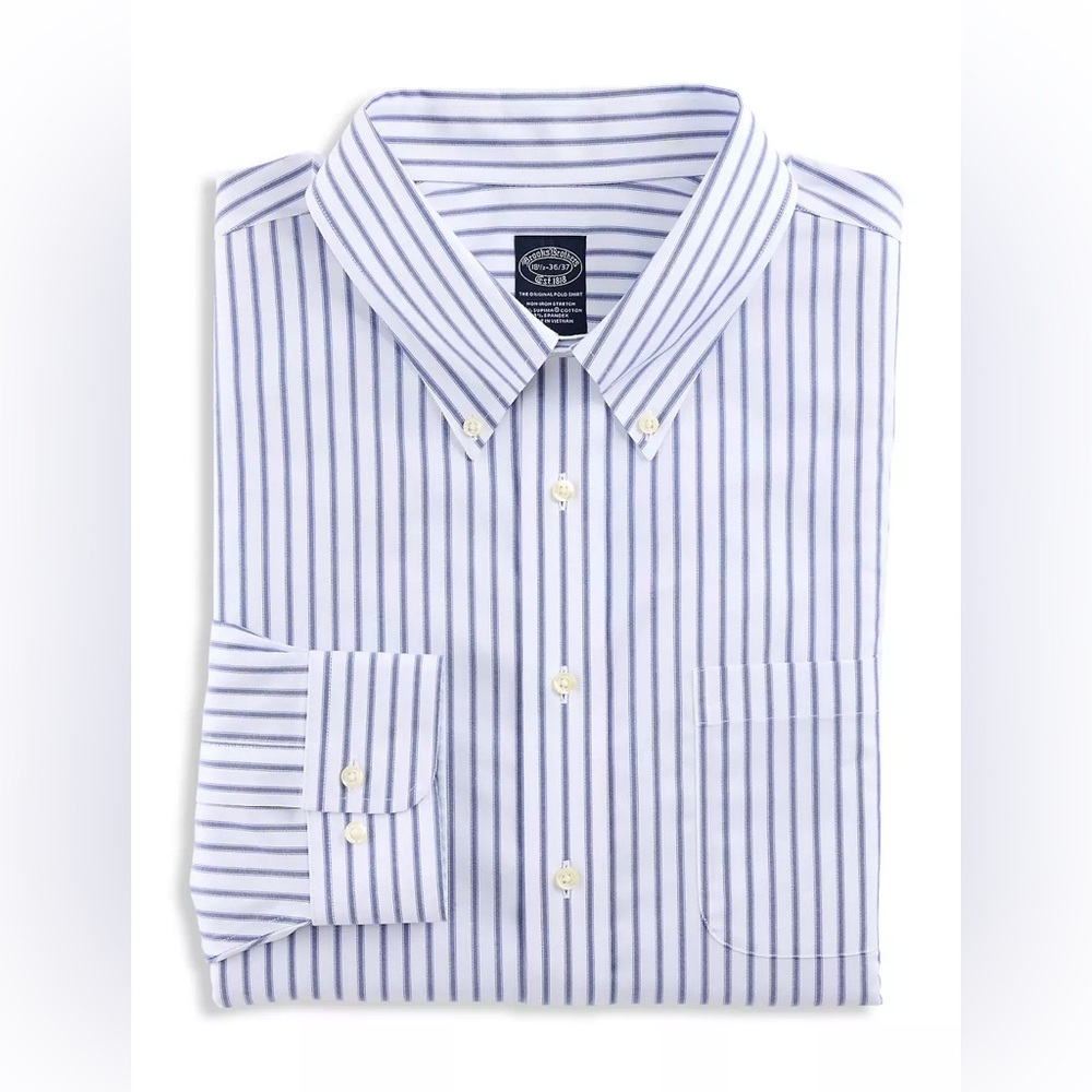 Brooks Brothers Non-Iron Stretch Slim White & Blue Stripes Neck Size 15.5”